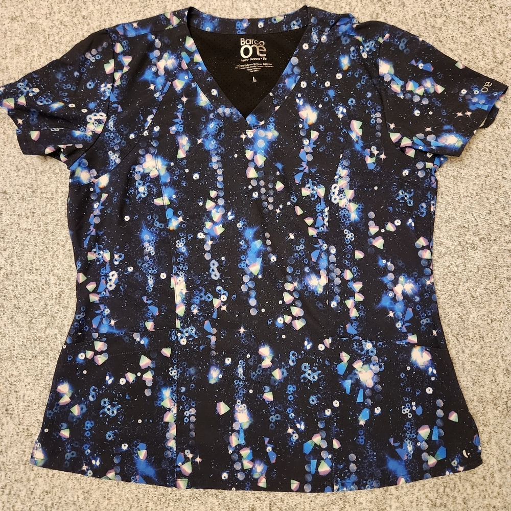 Women's Medical Scrub Top, Large,Blue/Black/White Colors